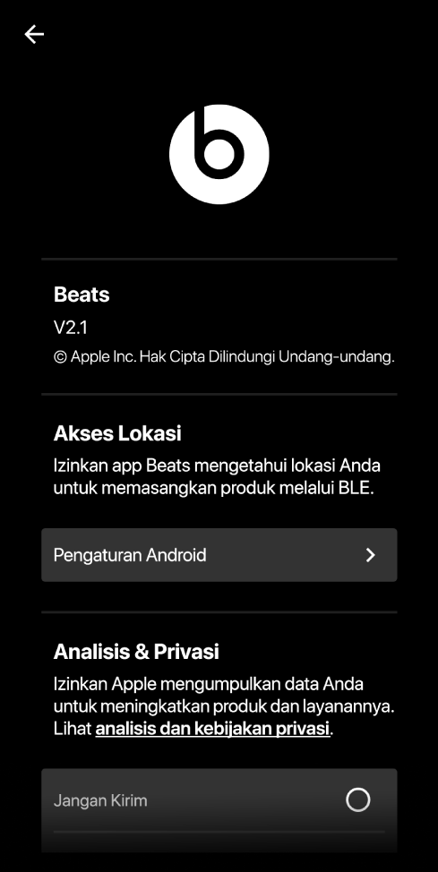 Pengaturan app Beats menampilkan versi app Beats, pengaturan Akses Lokasi, serta pengaturan Analisis dan Privasi