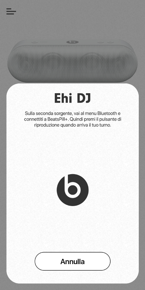 Schermata dell'app Beats in modalità DJ in attesa di collegamento di un secondo dispositivo