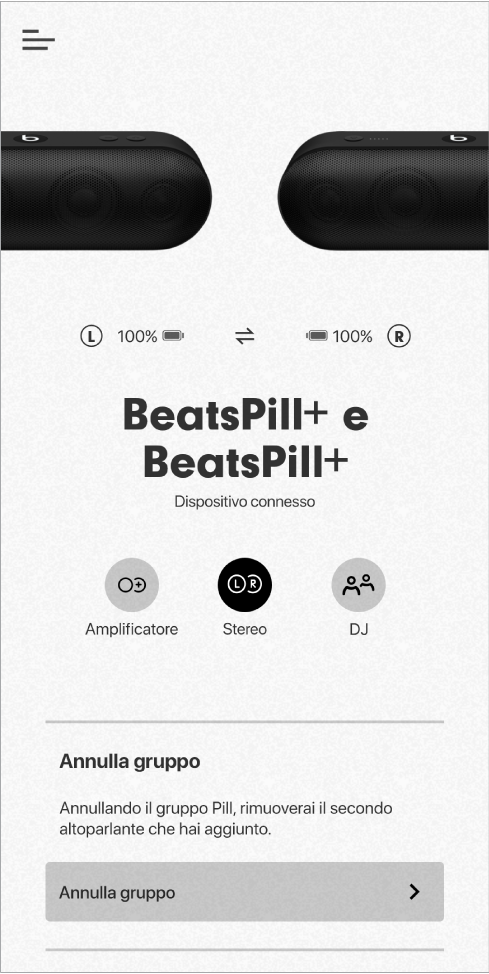 Schermata dell'app Beats in modalità Stereo