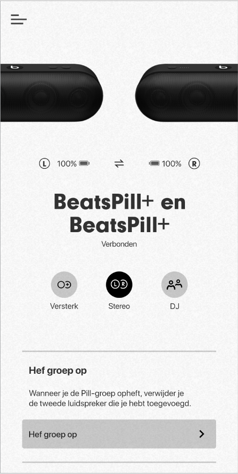 Het scherm van de Beats-app in de stereomodus