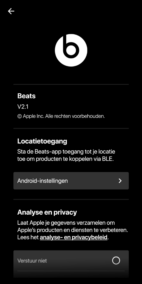 De instellingen van de Beats-app met de versie van de Beats-app, instellingen voor locatietoegang en analyse- en privacy-instellingen