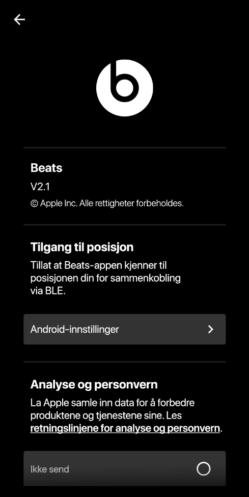 Beats-appinnstillinger som viser Beats-appversjon, innstillinger for tilgang til posisjon og innstillinger for analyse og personvern