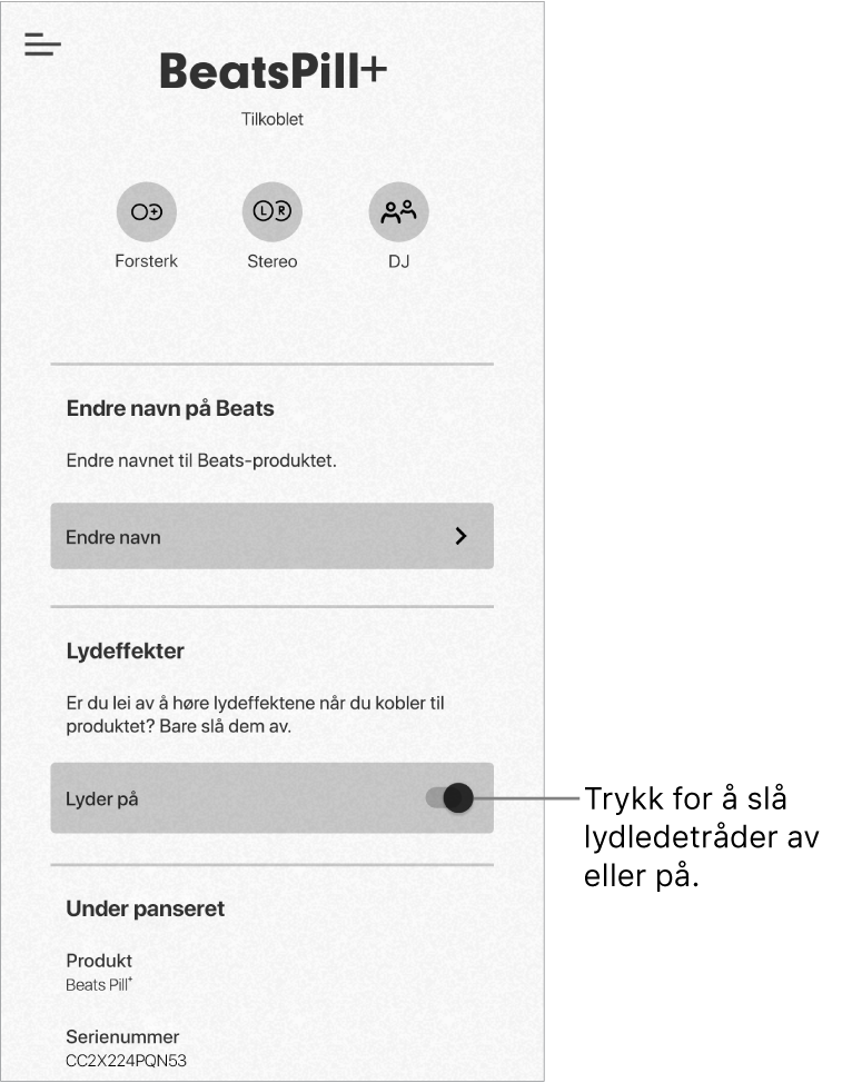 «Lydeffekter»-kontroll på enhetsskjermen i Beats-appen
