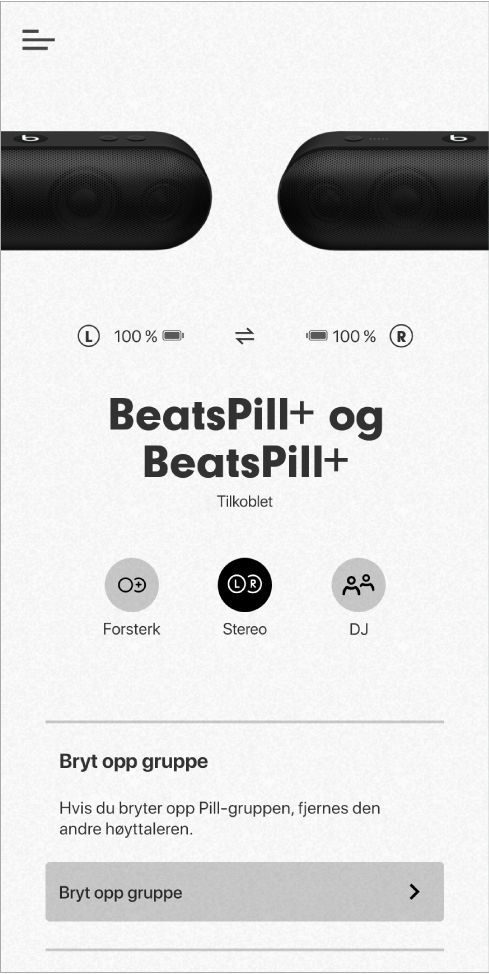Skjermen i Beats-appen viser Stereo-modus