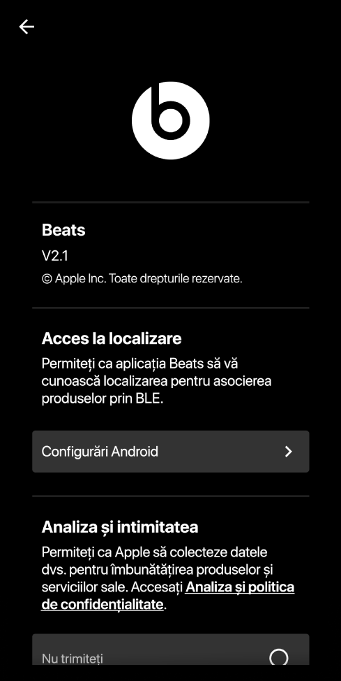 Aplicația Beats afișând versiunea aplicației Beats, configurările Acces la localizare și configurările Analiza și confidențialitatea