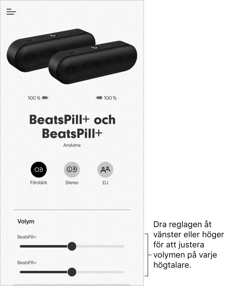 Beats-appskärmen i förstärkningsläget med volymreglage för två högtalare