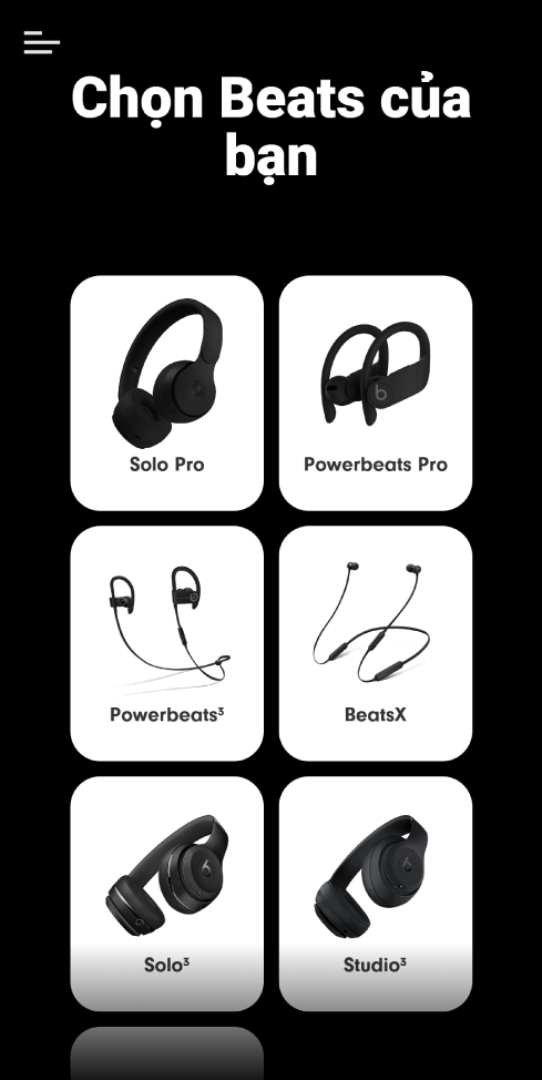 Ứng dụng Beats đang hiển thị màn hình Chọn Beats của bạn