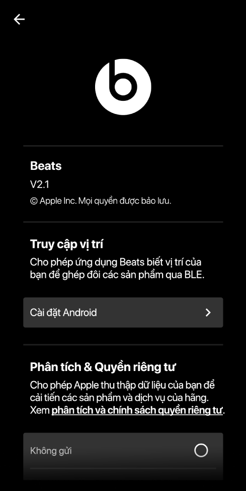 Ứng dụng Beats đang hiển thị phiên bản ứng dụng Beats, cài đặt Truy cập vị trí, cũng như cài đặt Phân tích và Quyền riêng tư