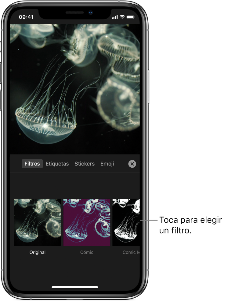 Una imagen de video en el visor, con la opción Filtros seleccionada y el filtro Cómic seleccionado; hay más filtros disponibles en la parte inferior.