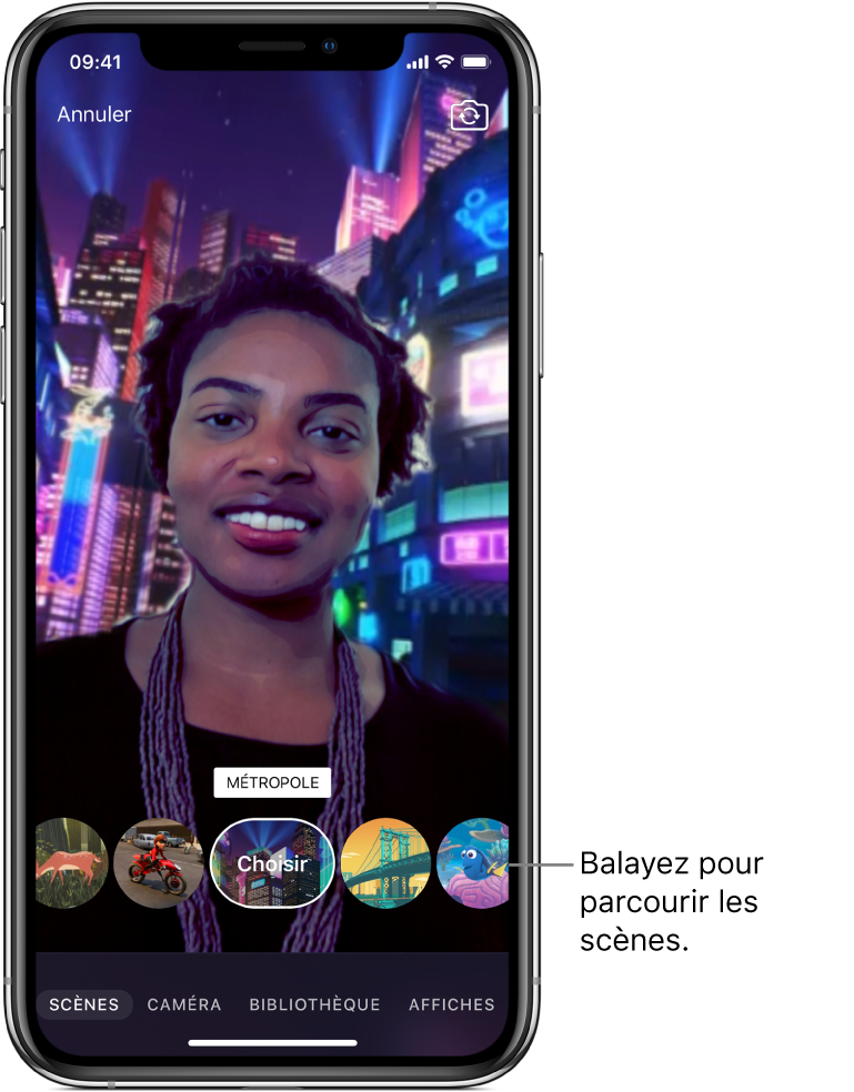 Image d’une scène en autoportrait dans le visualiseur, au-dessus des options de scène.