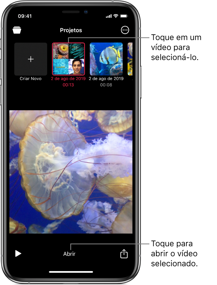 Miniaturas de projetos acima da imagem de um vídeo no visualizador, com o botão Abrir abaixo.