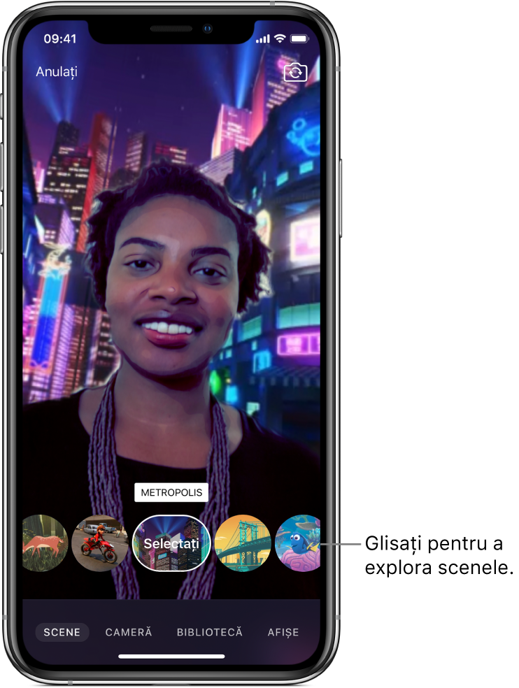 O scenă Selfie apare în vizualizor, cu opțiunile pentru scenă dedesubt.