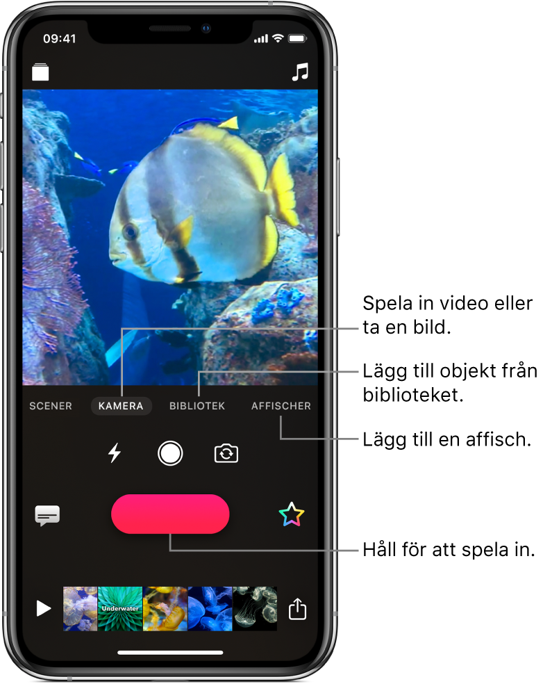 En videobild i visningsfönstret med knapparna Scener, Kamera, Bibliotek, Affischer, Livetexter, Spela in och Effekter nedanför.