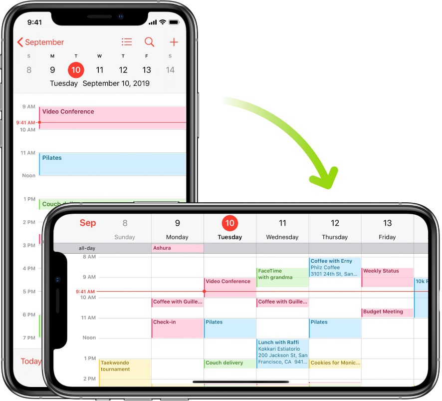 Al fons, l’iPhone mostra una pantalla amb un calendari on apareixen els esdeveniments d’un dia en orientació vertical; en primer pla, l’iPhone es troba en orientació horitzontal i es mostren els esdeveniments del calendari per a tota la setmana, que inclou aquell mateix dia.