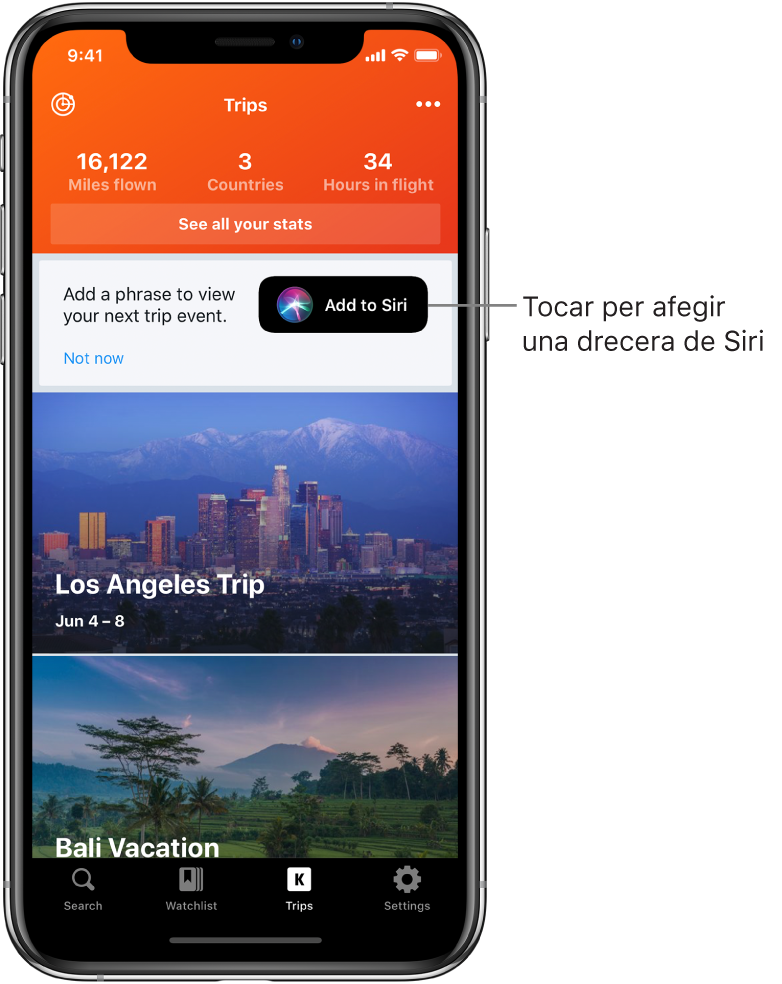 Pantalla d’una app de viatjar. El botó “Afegir a Siri” es troba a la dreta del text que diu “Afegeix una frase per veure el següent viatge”.