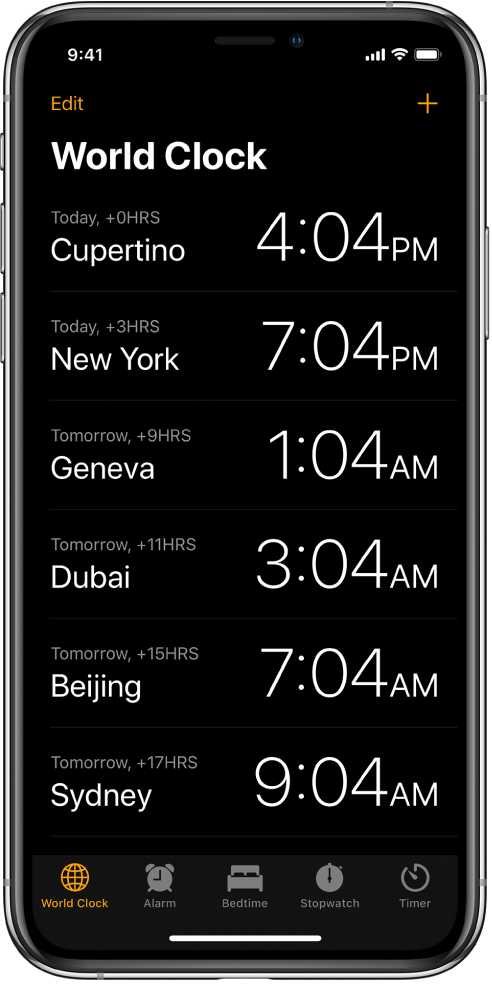 The World Clock tab, showing the time in various cities. Tap Edit in the upper left to arrange the clocks. Tap the Add button in the upper right to add more. Alarm, Bedtime, Stopwatch, and Timer buttons are along the bottom.