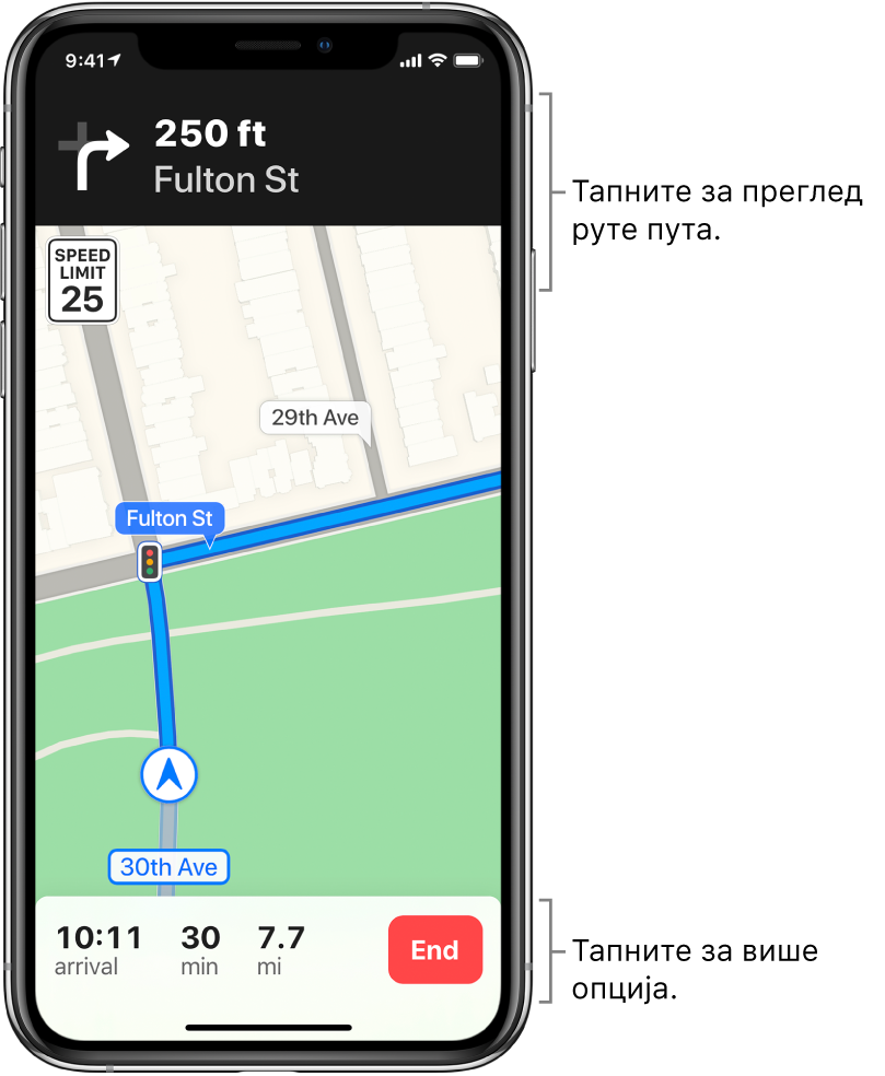 Мапа на којој је приказана рута за вожњу, укључујући и упутство за скретање удесно за 75 метара (250 стопа). При дну мапе, са леве стране дугмета End види се време доласка, време путовања и укупна километража.