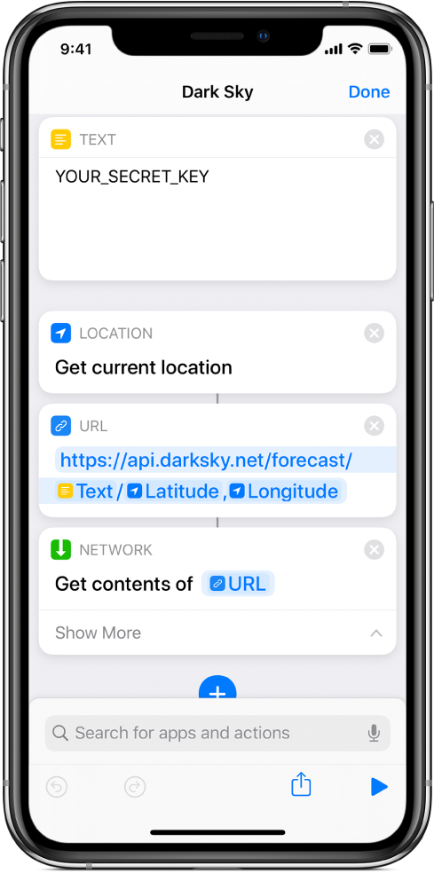 Ein Kurzbefehl für die Anforderung an die API von Dark Sky mit der Aktion „Aktuellen Ort abrufen“ zwischen der Aktion „Text“ und der Aktion „URL“.