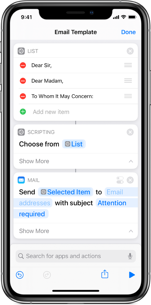 List action for text salutation.