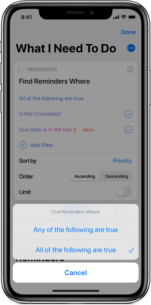 Find Reminders Where action showing the “All of the following are true” options.