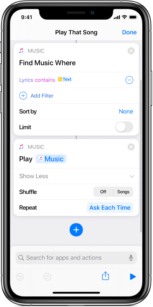 Ask Each Time variable replacing the Repeat parameters in the Play Music action in the shortcut editor.
