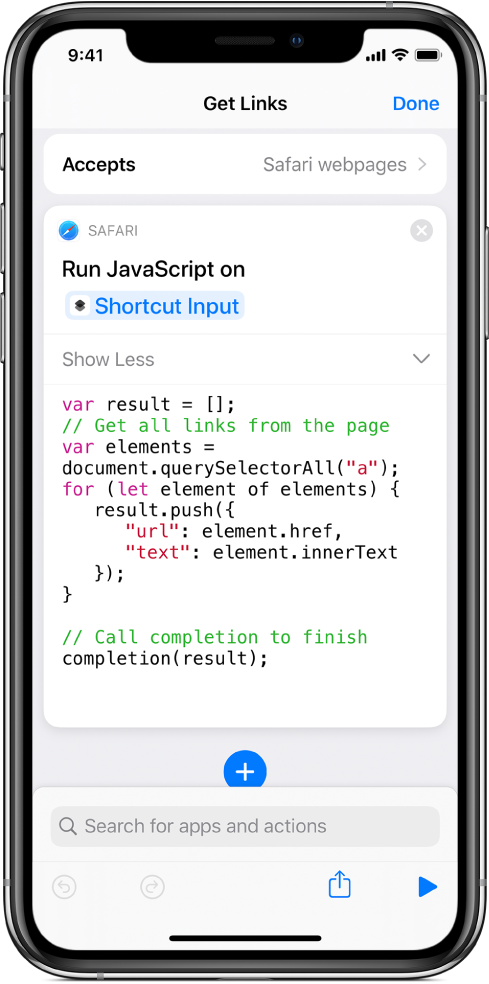 La acción "Ejecutar JavaScript en página web" en el editor de atajos.