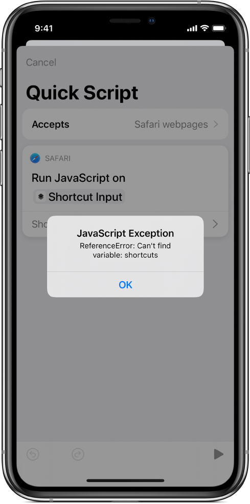 El editor de atajos con el mensaje de error “Excepción de JavaScript”.