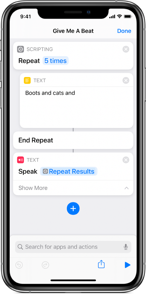 Teksti-toiminto Toista uudelleen -toiminnossa, joka on asetettu toistumaan viisi kertaa.
