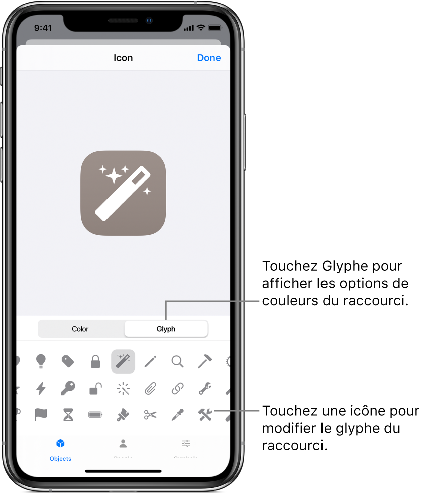 Écran de l’icône présentant les options de glyphe de raccourci.