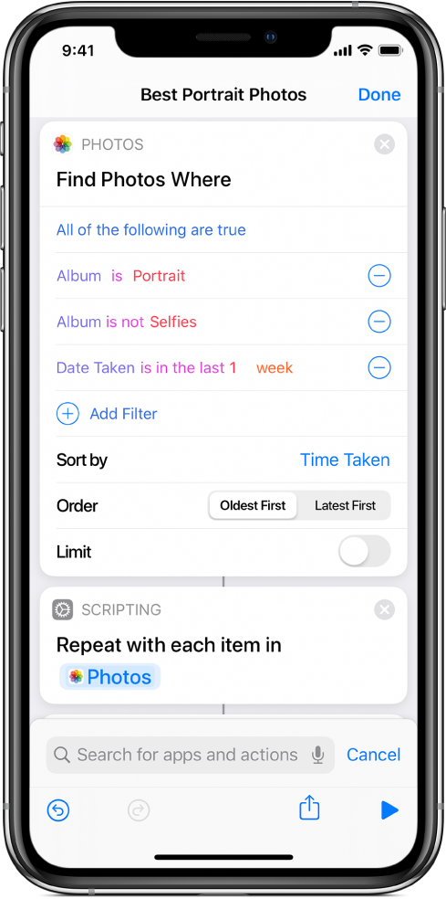 הפעולה ״חפש מיקום של תמונות״ בעורך הקיצורים.