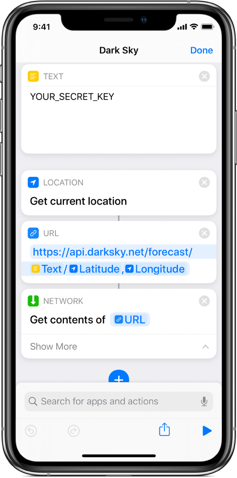 Dark Sky APIリクエストのショートカットで「テキスト」アクションと「URL」アクションの間に追加された「現在地を取得」アクション。