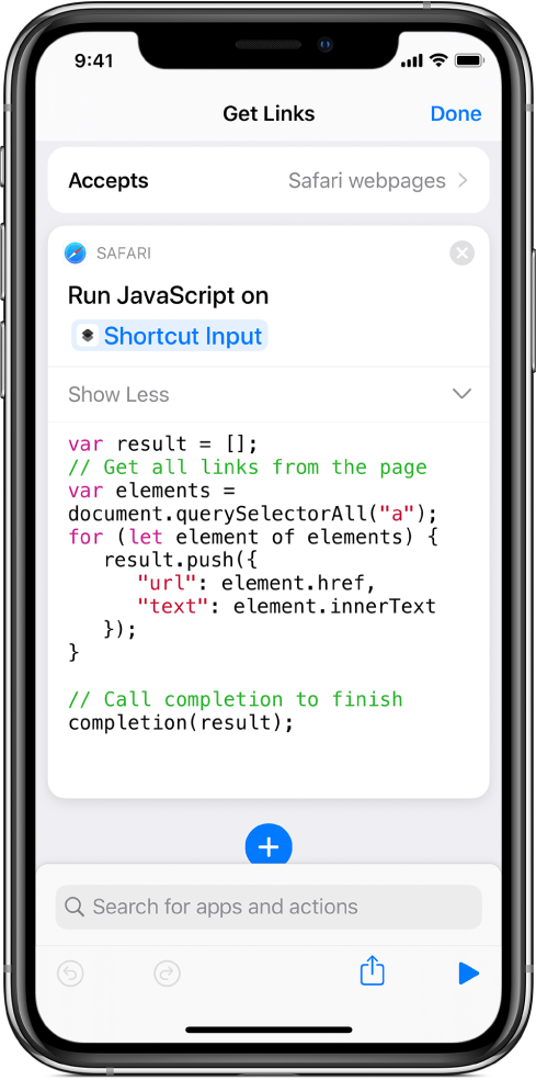 단축어 편집기의 ‘웹 페이지에서 JavaScript 실행’ 동작.