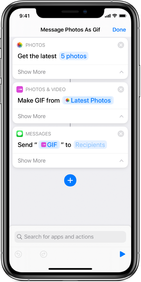 움직이는 GIF 사진을 포함해 메시지를 보내는 데 사용된 동작을 표시하는 단축어 편집기.