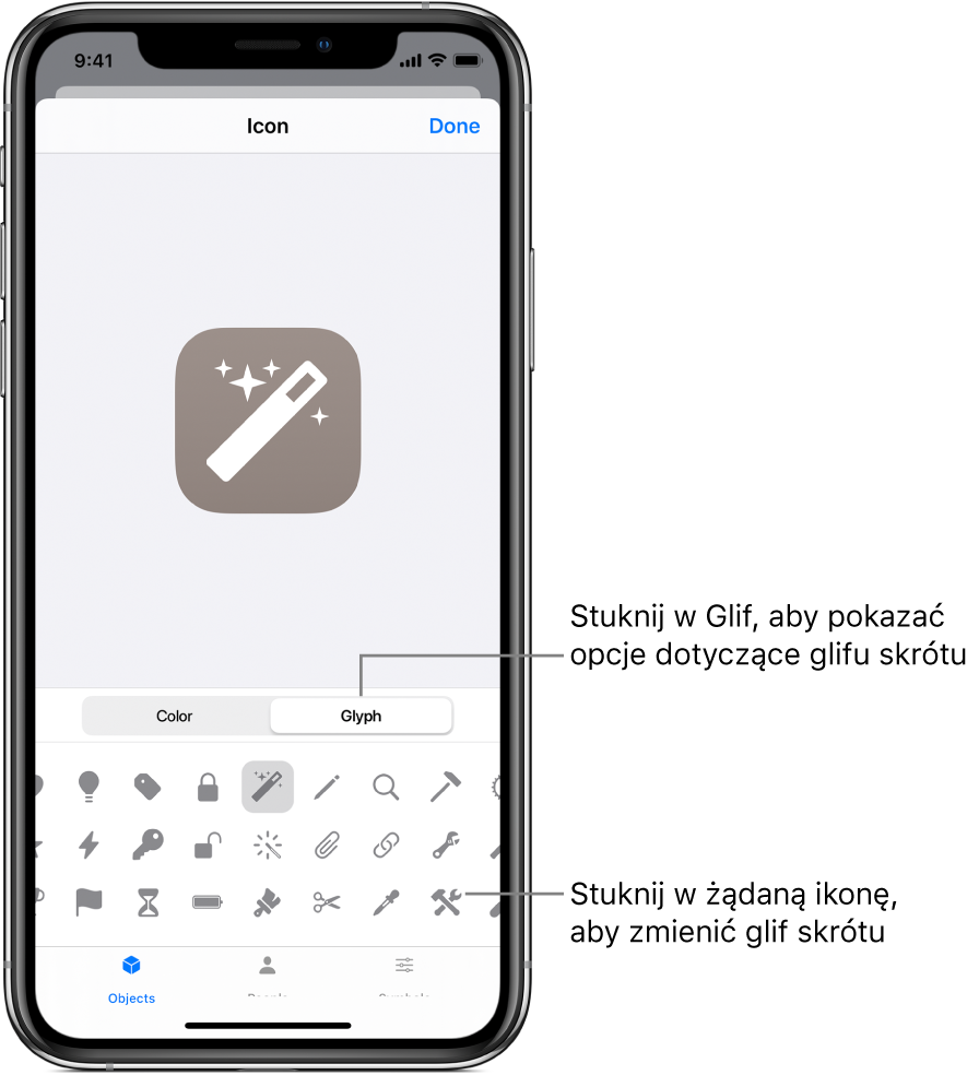 Ekran ikony przedstawiający dostępne glify skrótu.