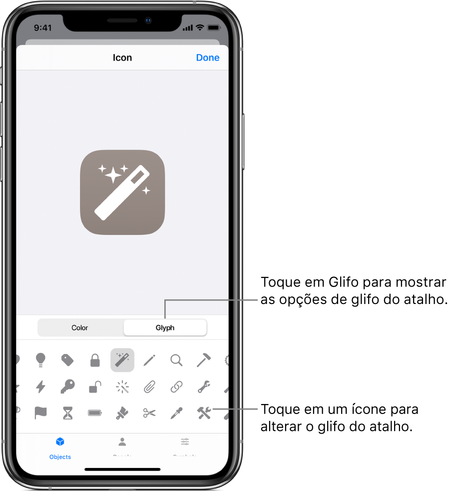 Tela Ícone mostrando as opções de glifo do atalho.