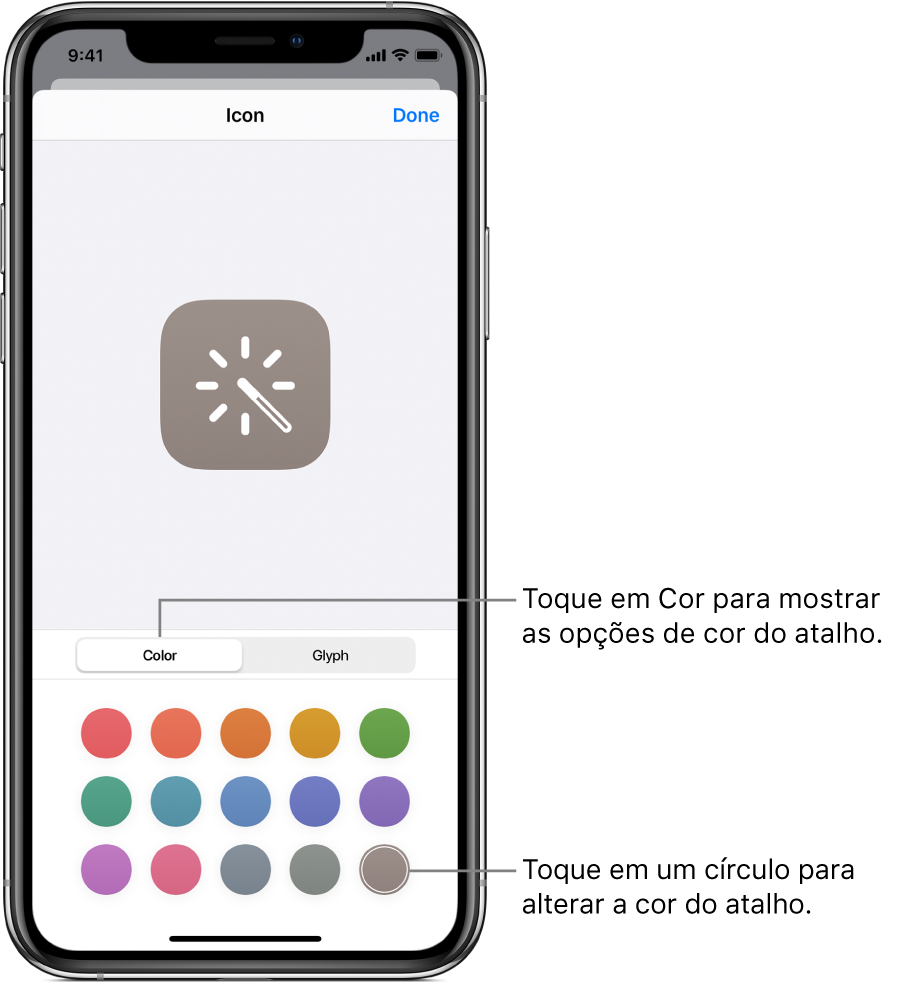 Tela Ícone mostrando as opções de cores do atalho.