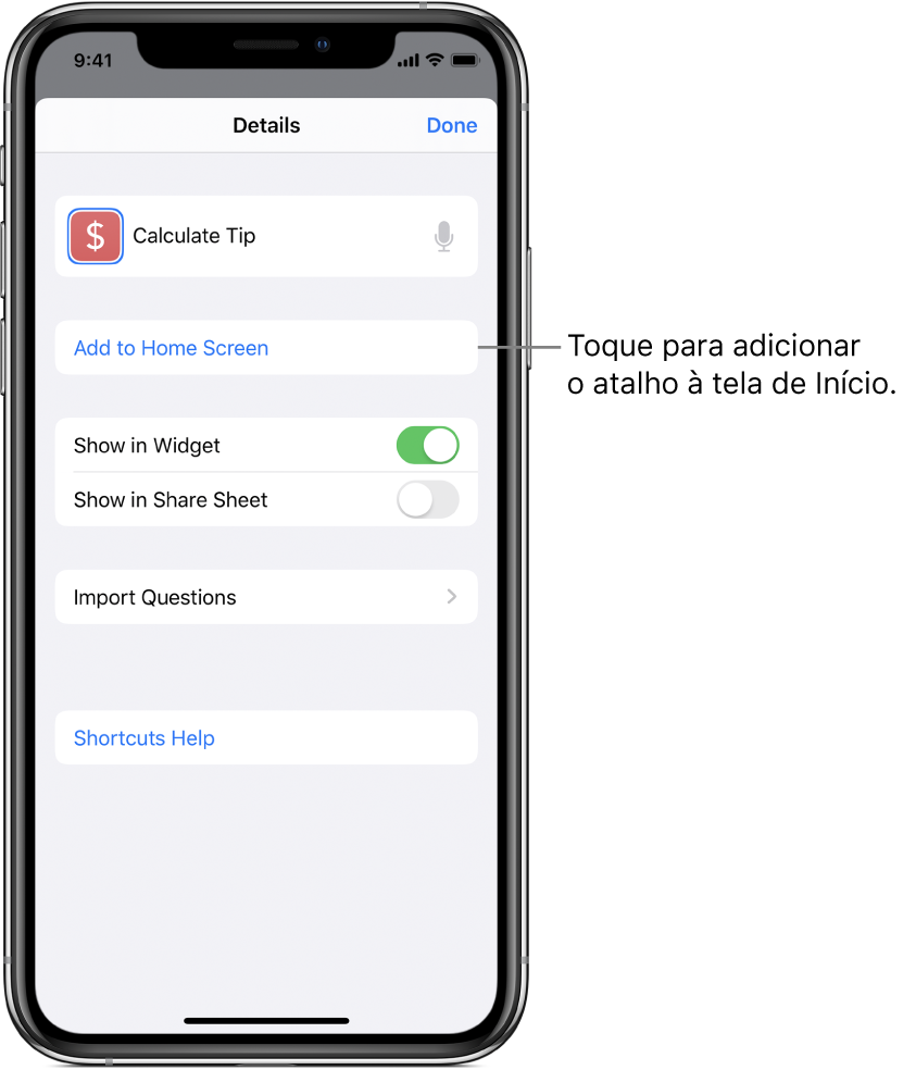 Tela de Detalhes no app Atalhos mostrando a Tela de Início.