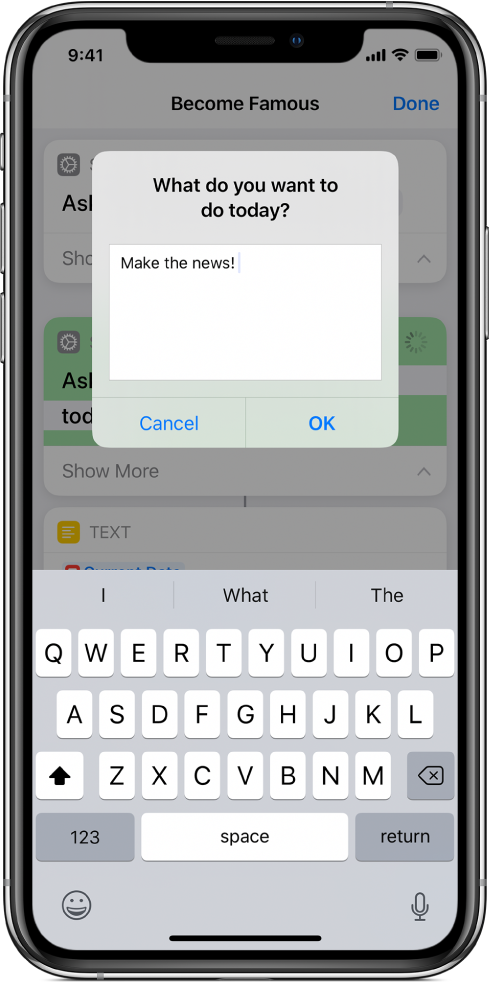 Casetă de dialog care solicită intrarea utilizatorului înainte ca scurtătura să continue.