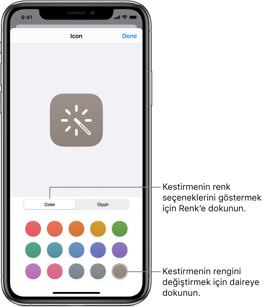 Kestirme için renk seçeneklerini gösteren Simge ekranı.