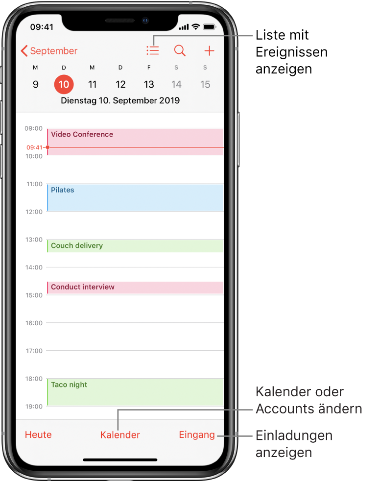 Ein Kalender in der Tagesansicht mit den Ereignissen des Tags. Tippe unten auf dem Bildschirm auf „Kalender“, um den Kalenderaccount zu ändern. Tippe unten rechts auf die Taste „Eingang“, um Einladungen anzuzeigen.