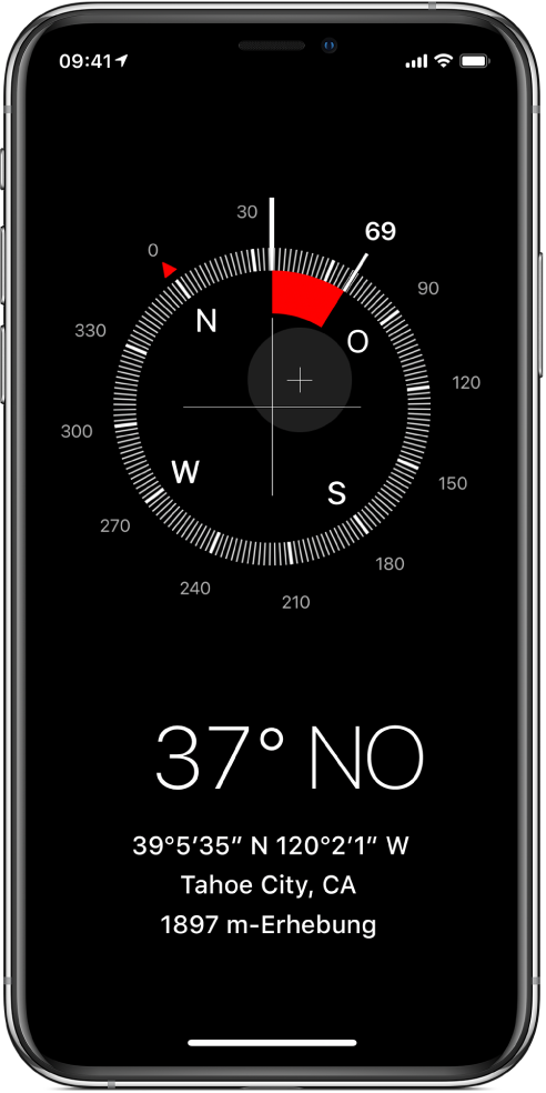 Die App „Kompass“ mit der Richtung, in die das iPhone zeigt, sowie den Koordinaten und der Höhe des aktuellen Standorts.