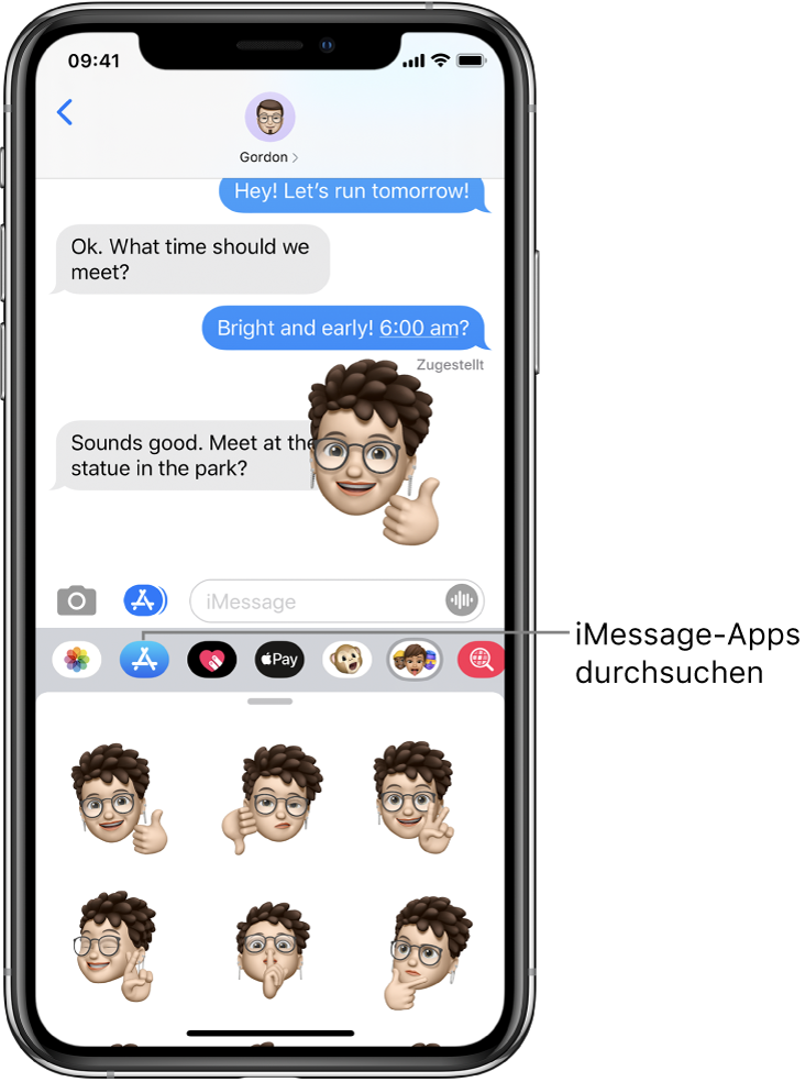 Eine Konversation in der App „Nachrichten“ mit der ausgewählten Taste „App-Übersicht“ bei Verwendung von iMessage. In der geöffneten Übersicht sind Smiley-Sticker zu sehen.