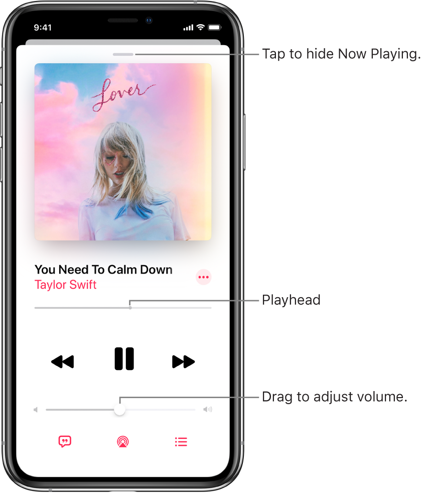 The Now Playing screen showing the album art. Below are the song title, artist name, More button, playhead, play controls, Volume slider, Lyrics button, Playback Destination button, and Up Next button. The Hide Now Playing button is at the top.