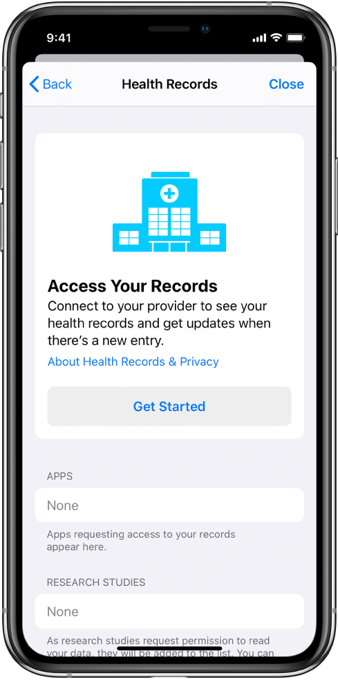 The Health Records screen with a Get Started button.