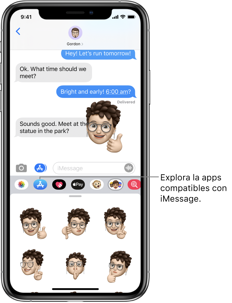 Una conversación de Mensajes con el botón "Explorador de apps" de iMessage seleccionado. El cajón de apps abierto mostrando stickers de caras.