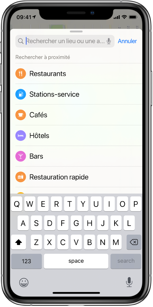 Une liste présentant six services s’affiche en dessous du champ de recherche. Ces services sont les suivants : Restaurants, Stations-service, Cafés, Hôtels, Bars et Restauration rapide.