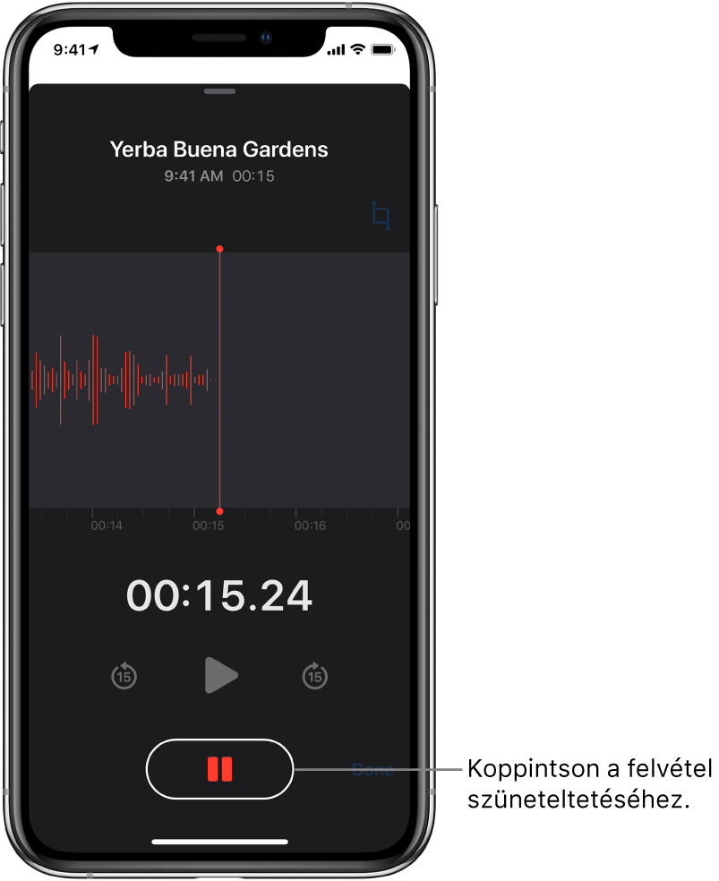 A Hangjegyzetek képernyője egy folyamatban lévő felvétellel, az aktivált Szünet gombbal és a halványan látható vezérlőkkel, amelyekkel lejátszhatja a felvételt, illetve 15 másodperccel előre- vagy visszafelé navigálhat benne. A képernyő fő részén a folyamatban lévő felvétel hullámformája látható egy időjelzővel.