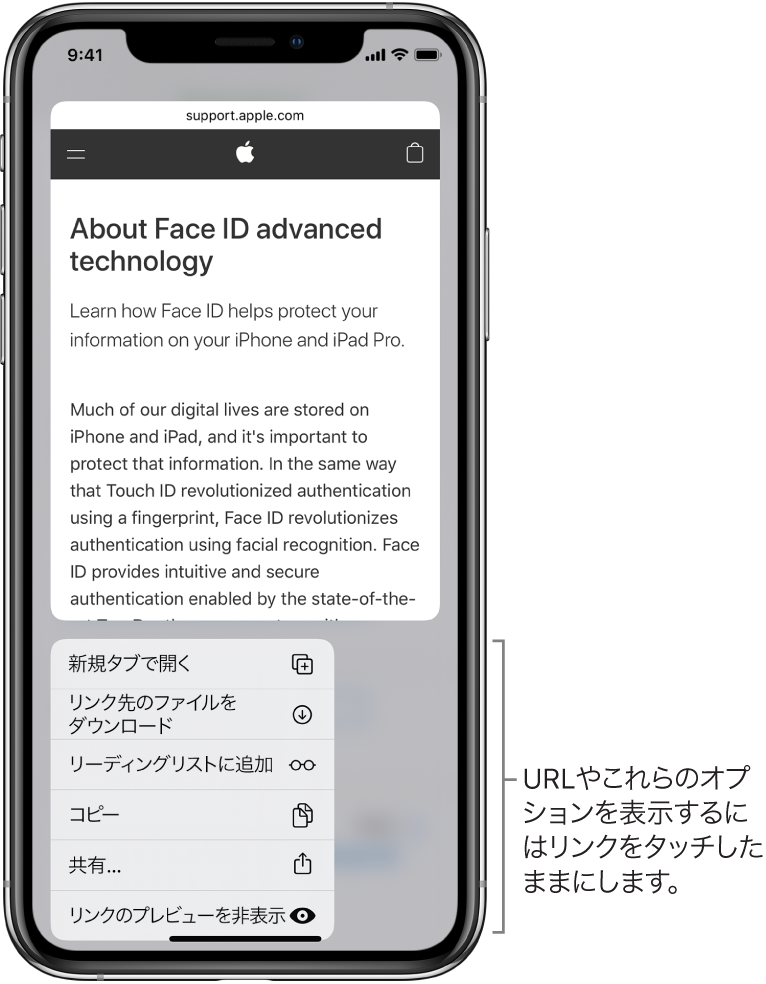 リンク先のURLと操作オプションのプレビューが表示されたオーバーレイ。「開く」、「リーディングリストに追加」、「“写真”に追加」、「コピー」、「共有」オプションが表示されています。