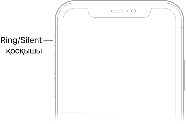 Ring/Silent қосқышын көрсетіп тұрған тілше дерегі бар iPhone құрылғысының алдыңғы жағының жоғарғы бөлігі.