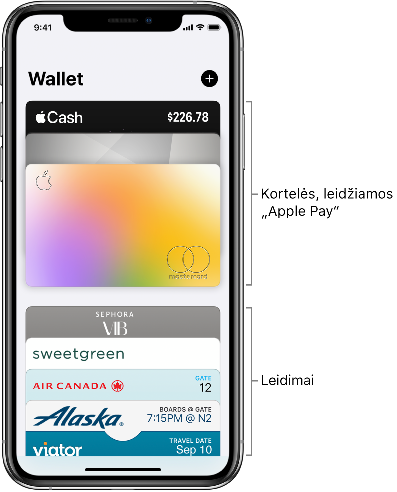 „Wallet“ ekranas, kuriame matomos kelios kredito ir debeto kortelės ir bilietai.